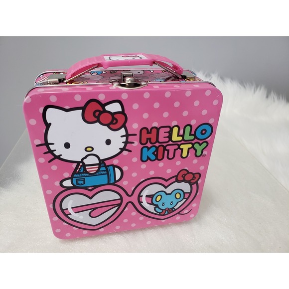 Hello Kitty Pink Small Tin Box Carry All With Polka Dots Lunchbox - Picture 1 of 10